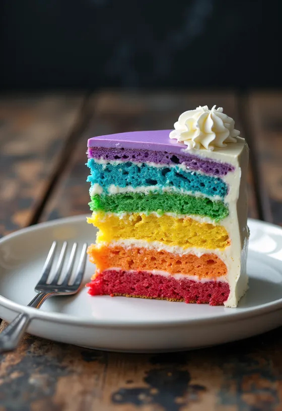 Regnbuekage med hvid fondant og farverige indre lag