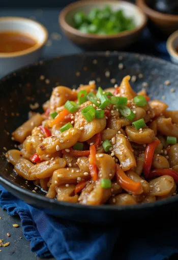 Krokodille stir-fry serveret med ris og grøntsager.