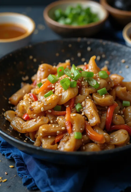 Krokodille stir-fry serveret med ris og grøntsager.