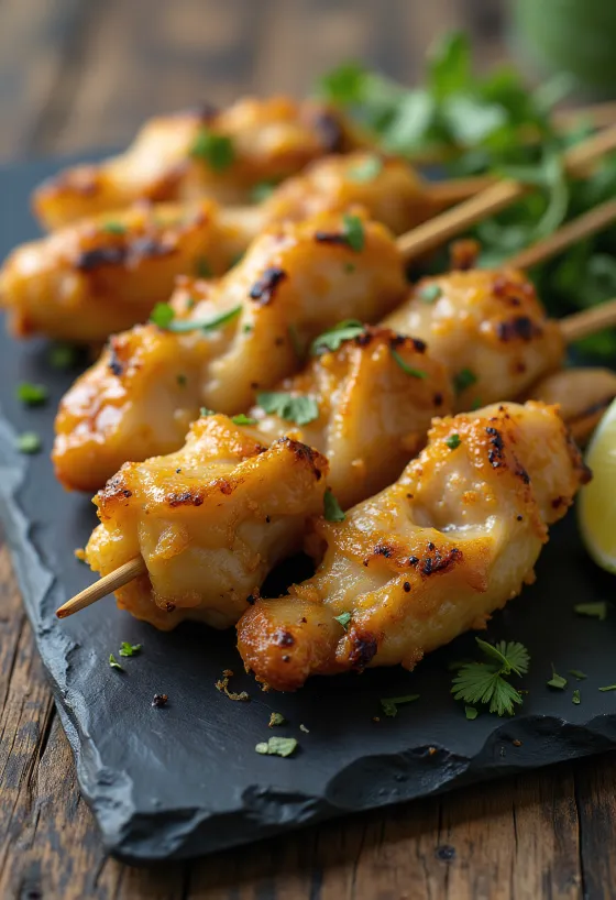 Ingefærsatay, grillede kyllingespyd i ingefærmarinade