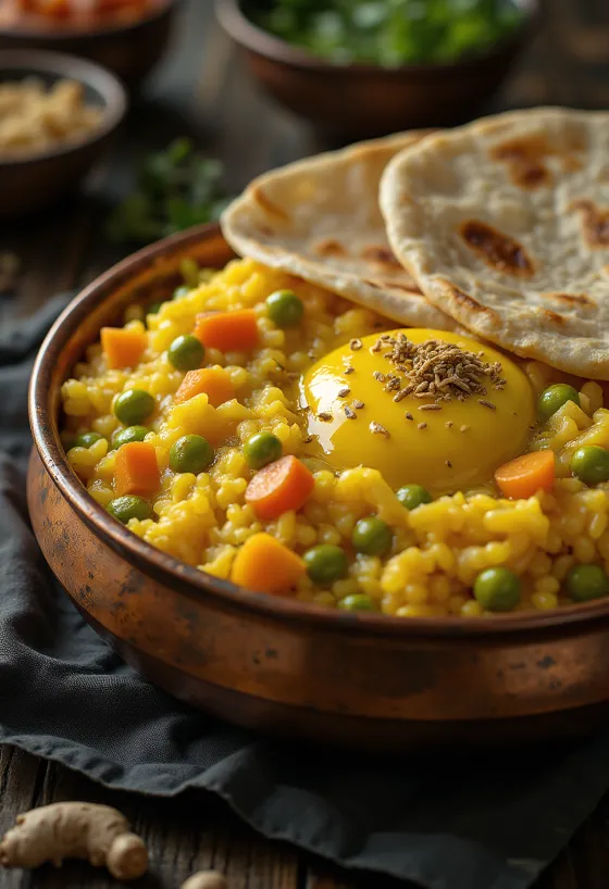 Khichdi med masalakrydderier, ris- og dhalret, serveret med grøntsager og krydderier