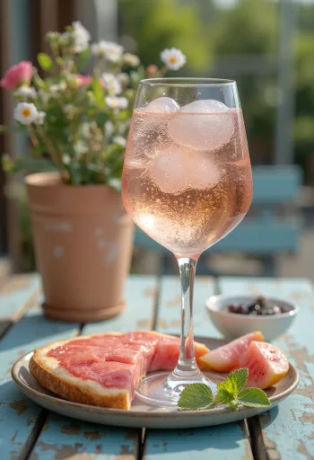 Rosé Spritzer serveret med citronskive og is