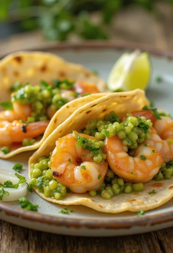 Tacos med rejer og salsa verde serveret