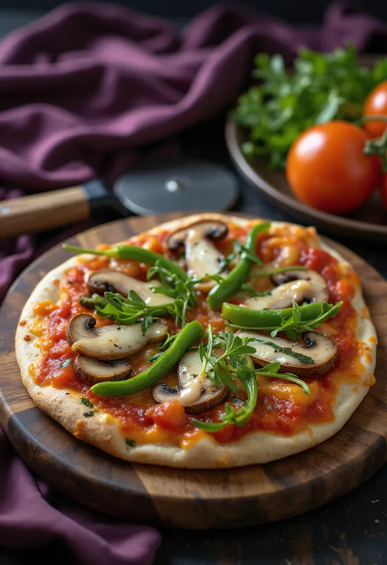 Vegansk tortillapizza med friske grøntsager og rucola