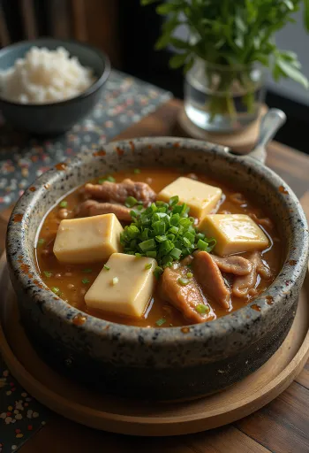 Cheonggukjang jjigae, med koreansk fermenteret sojabønnepasta, tofu og oksekød