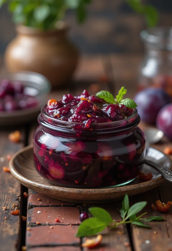 Stærk blommechutney i glas og serveret