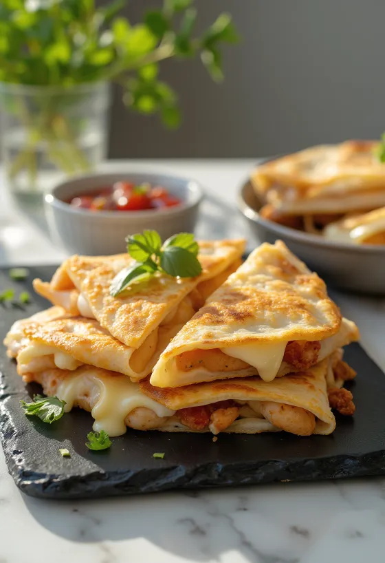 Kyllingequesadilla stegt gyldenbrun, serveret med smeltet ost og friske krydderurter