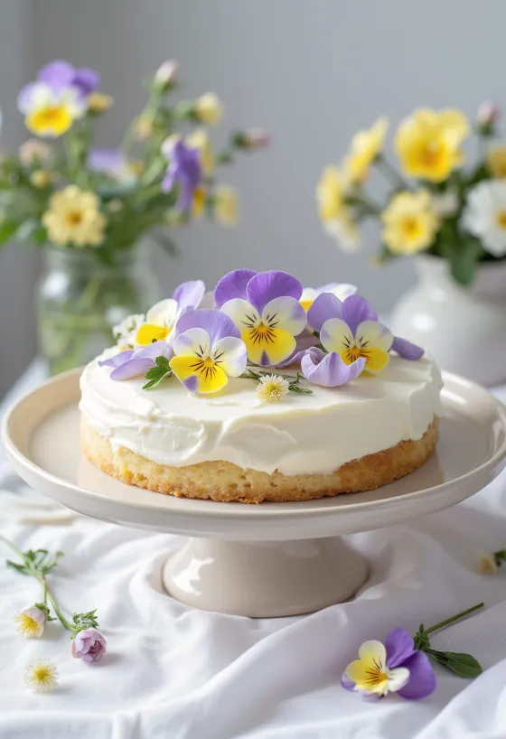 Forårsblomsterkage pyntet med spiselige blomster