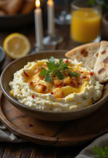 Tirokafteri med citronsaft, rig fetaostecreme serveret med pitabrød og grøntsager