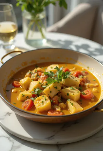 Moqueca med hvidvin, kokosmælk, pyntet med frisk koriander