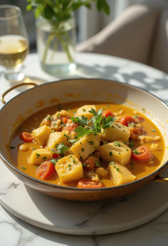 Moqueca med hvidvin, kokosmælk, pyntet med frisk koriander