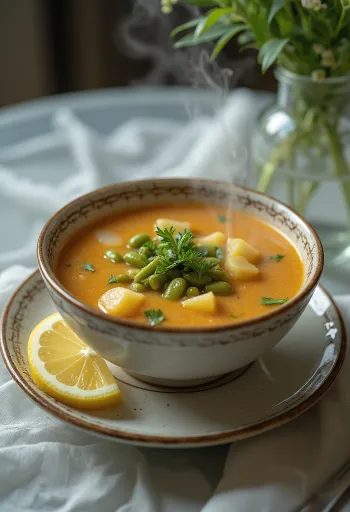 Traditionel Palóc suppe, rigt tilberedt med grønne bønner, kartofler og lammekød.