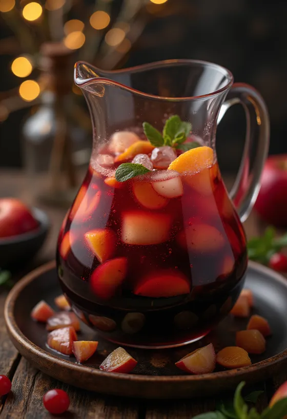 Sangria serveret med friske frugter og isterninger