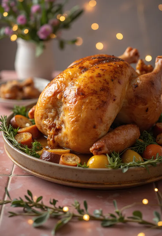 Ovnbagt fyldt kalkun med sprødt skind og rigt fyld.