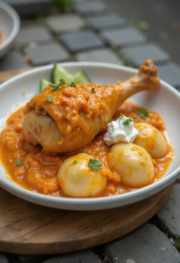 Paprikakylling med saftige kyllingestykker, serveret i paprika-creme fraiche sauce.
