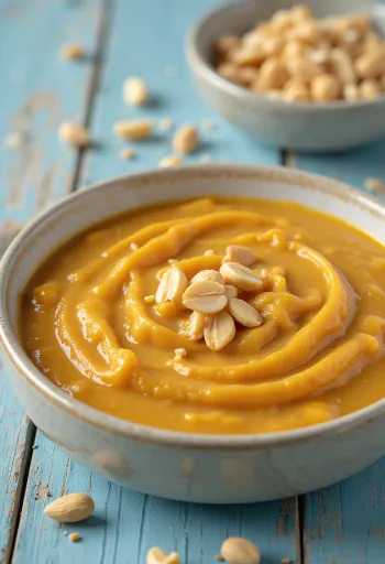 Karry-jordnøddesovs serveret i en skål med frisk koriander.