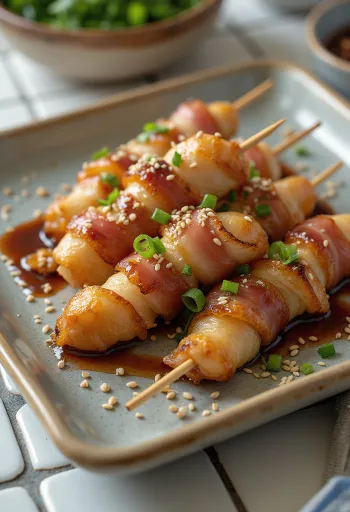 Enoki svampe pakket i bacon, på spyd, drysset med sesamfrø