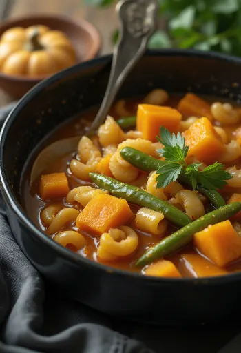 Minestrone med græskar, grøntsager og pasta serveret