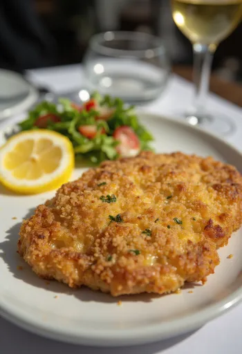 Gyldenbrun paneret svinekotelet i sprød panering, serveret med friske grøntsager.