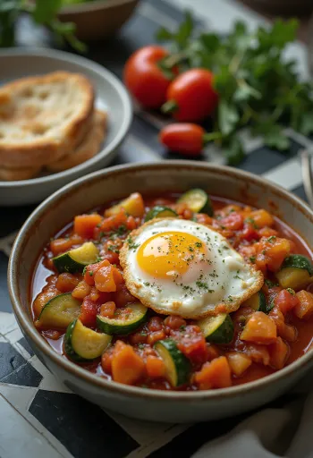 Şakşuka med peberfrugt serveret med frisk persille