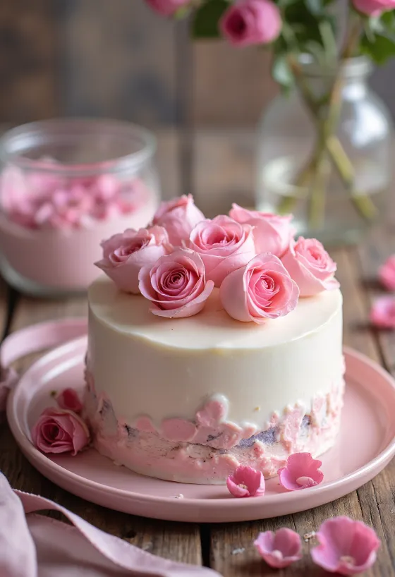 Valentinsdag rosenkage med hvidt fondantovertræk og rosenblade
