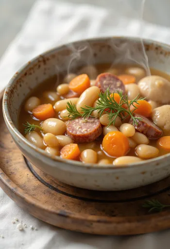 Traditionel bønnesuppe med nudler, serveret med røget kød.