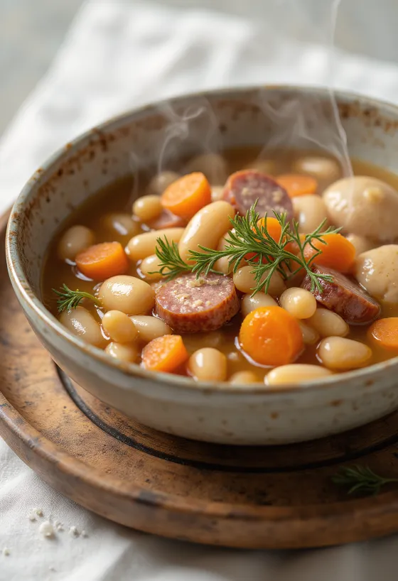 Traditionel bønnesuppe med nudler, serveret med røget kød.