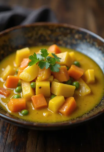 Karry-grøntsagssovs i en skål, pyntet med frisk koriander.