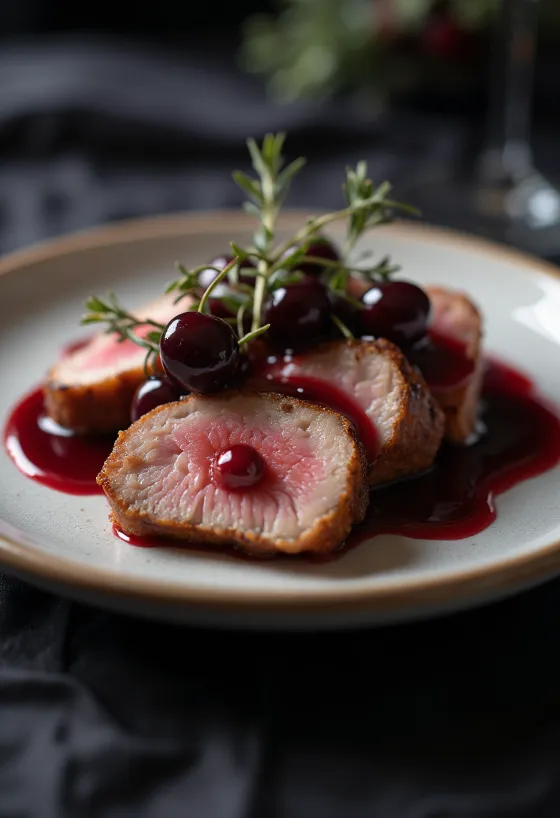Andebryst med kirsebærsauce elegant serveret