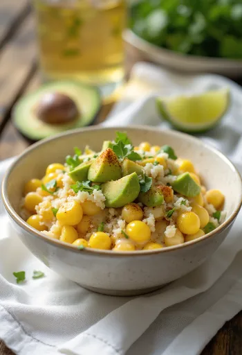 Frisk og sprød esquites serveret med avocado