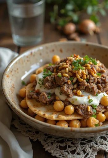 Fatteh med lammekød, ristede pitastykker, kikærter, tahiniyoghurt og ristede pinjekerner.
