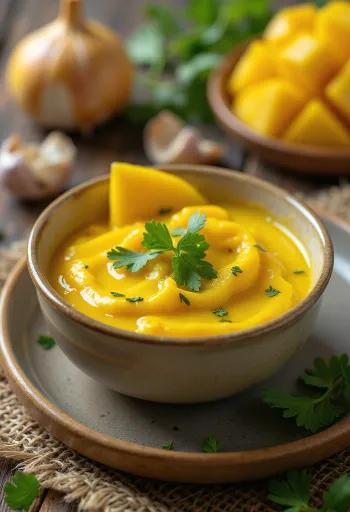 Hvidløgs-curry mangosauce serveret