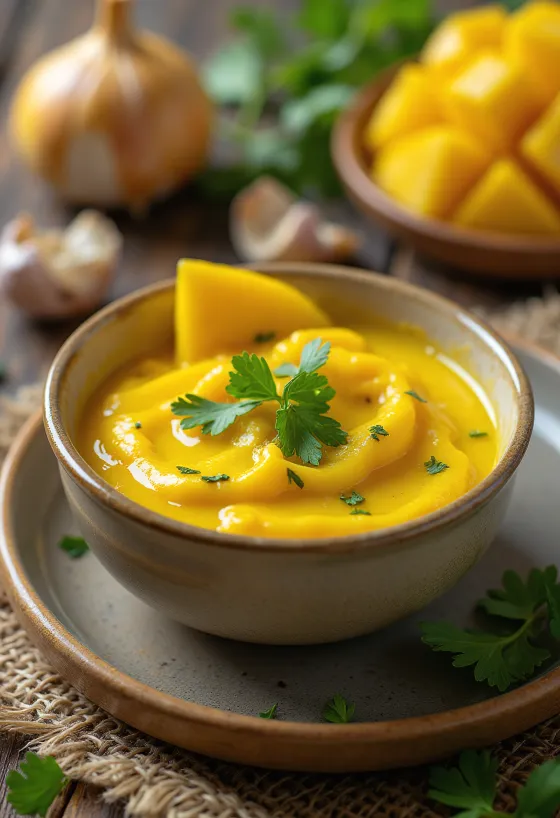 Hvidløgs-curry mangosauce serveret
