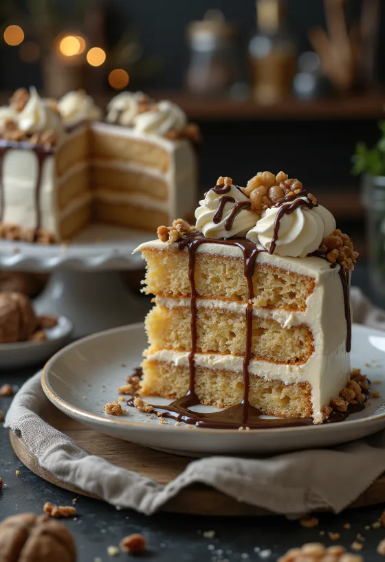 Kastanjekage med valnøddecreme serveret