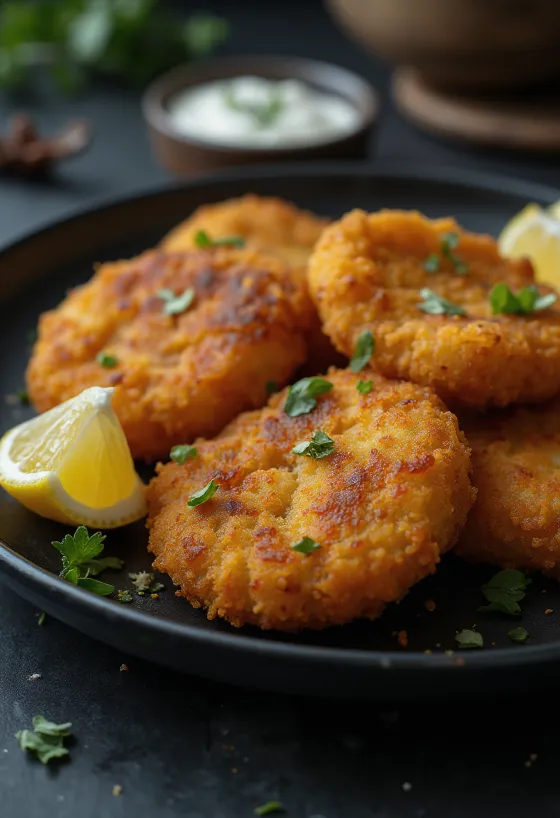 Paneret bøffelschnitzel serveret