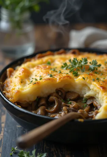 Shepherd’s pie med svampe, serveret med kartoffelmos på toppen