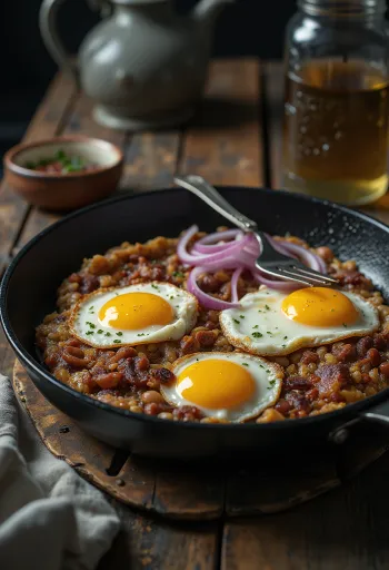 Tacu Tacu med løg, serveret med æg, en blanding af gyldenbrune ris og bønner