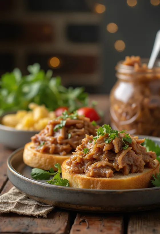 Duck rillette serveret i et rustikt glas med brød og syltede agurker