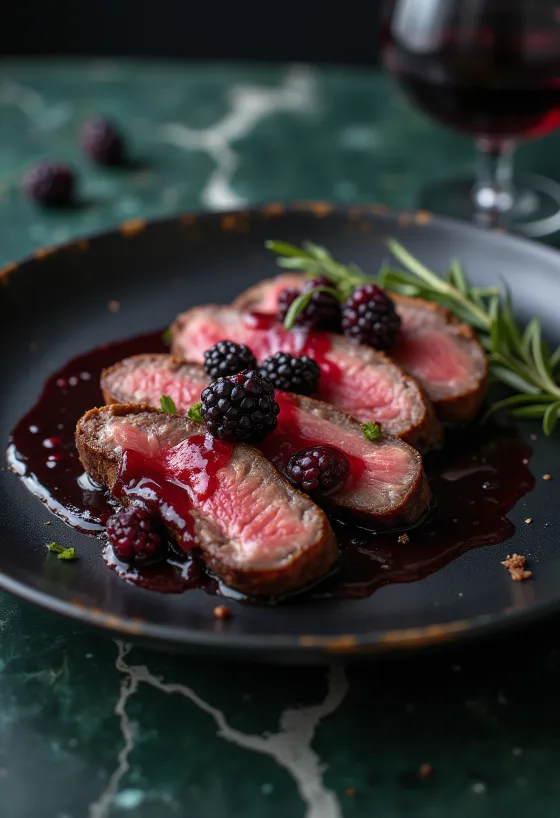 Krondyrsteak med bærreduktion serveret med grøntsager.