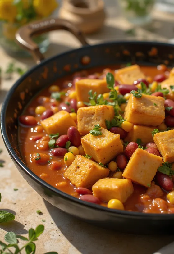 Krydret tofu med bønner serveret