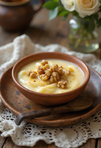 Kharvas med valnødder, cremet mælkedessert med sprøde valnødder på toppen