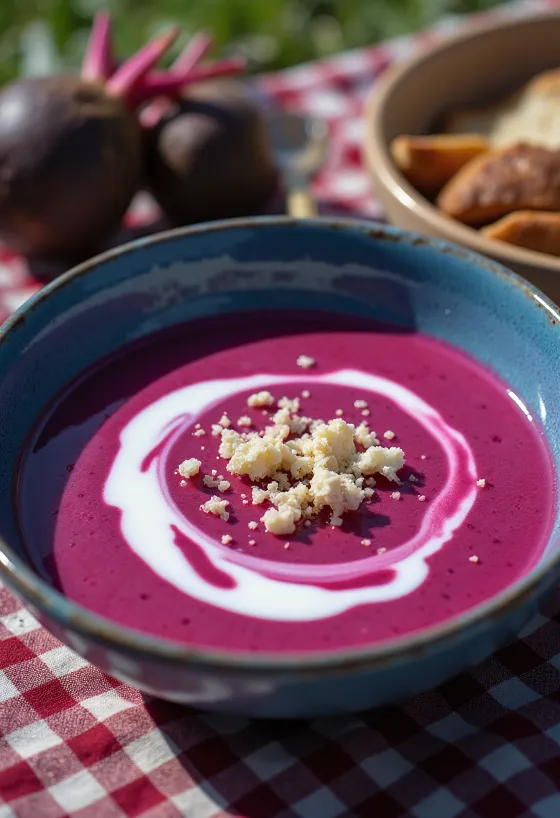 Rødbedesuppe med kokosmælk serveret