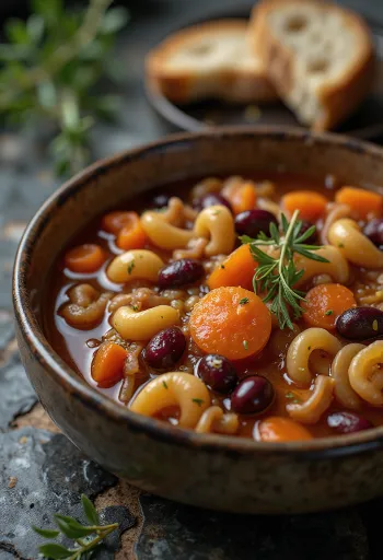 Minestrone med kidneybønner, grøntsager og pasta serveret i italiensk stil