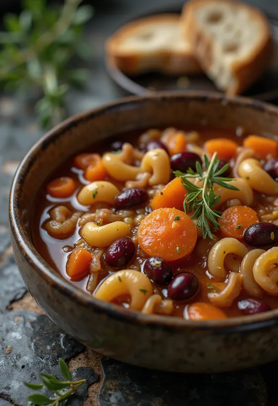 Minestrone med kidneybønner, grøntsager og pasta serveret i italiensk stil