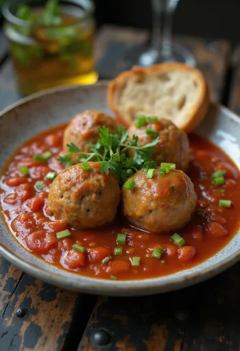 Kødboller i tomatsovs serveret i en tyk, sur-sød tomatsovs