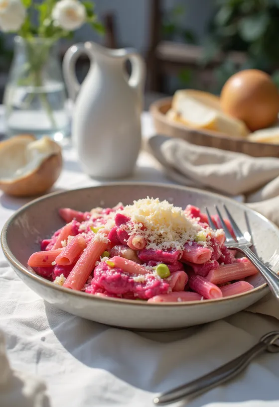 Præbiotisk rødbede-porre pasta serveret med frisk persille og parmesan