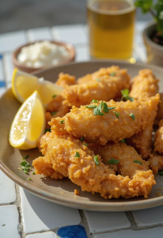 Panerede frølår serveret med citron og persille