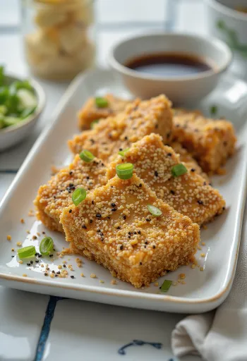 Stegt tofu med sesamskorpe, stegt sprød og gyldenbrun, serveret med friske grøntsager.