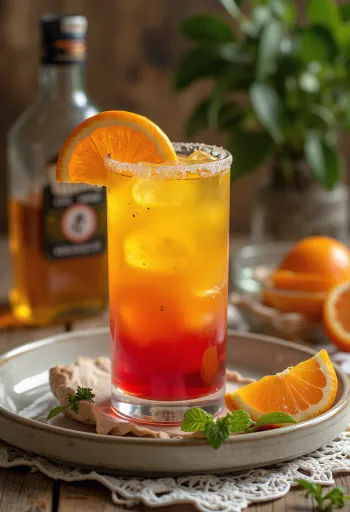 Tequila Sunrise cocktail pyntet med appelsinskive og kirsebær