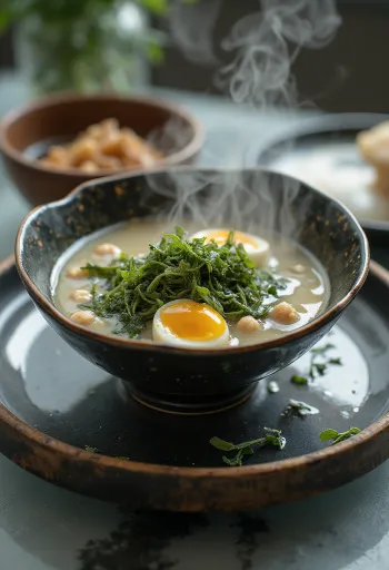 Fyldt miyeokguk serveret, med rig tang og æg